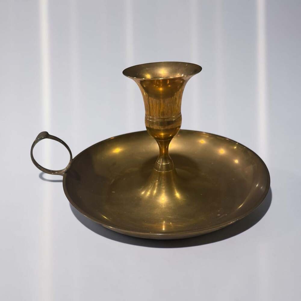 Vintage Brass Chamber Candlestick Holder with Drip Tray and Finger Loop
